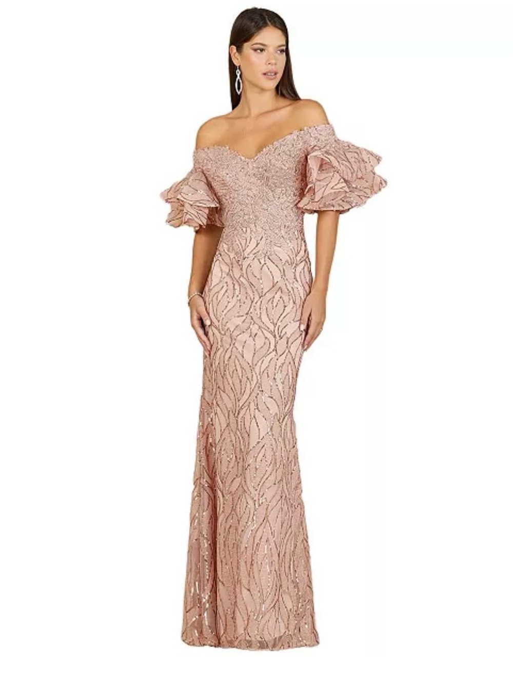 LARA Off-Shoulder Rose Gold Sequin Evening Gown NEW